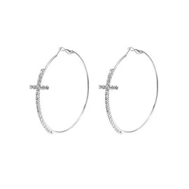 Shiny Large Rhinestone Hoop Earrings for Women Simple Cross Huggie Earring Wedding Party Jewelry-Silver