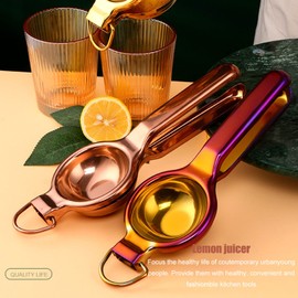 Lemon Squeezer, Metal Lemon Squeezer Stainless Steel Juicer Hand Held Lime Squeeze with Long Handle Manual Citrus Press with Lifting Ring for Bar Cafe Kitchen (Gold)