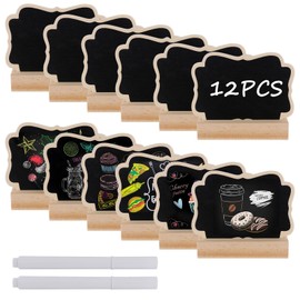 12Pcs Wooden Mini Chalk Boards Signs, 8x6cm Erasable Message Board Sign with Stand, Kitchen Notes Blackboards, Framed Small Black Chalk Boards with 2 Chalk Pens for Place Cards Wedding Birthday Party