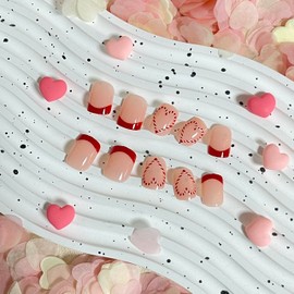 Valentines Red Press on Nails Short Square Fake Nails, French Tips Press on Nails Heart with Design Glossy False Nails Valentines Glue on nails Valentines Acrylic Nails for Women 24Pcs