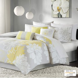 Madison Park Lola Sateen Cotton Comforter Set-Casual Medallion Floral Design All Season Down Alternative Bedding, Shams, Bedskirt, Decorative Pillows, King(104"x92"), Grey/Yellow, 7 Piece