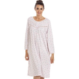 Camille Ladies Long Sleeved Nightdress- Floral Classic Smooth Womens Nightwear- Jersey Nightie with Round Neck Button Fastening Pink 18-20