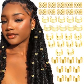 VENOFEN 40PCS Gold Hair Cuffs for Dreadlocks, Braids, Locs - Metal Alloy Non-Piercing Adjustable Jewelry Hair Rings and Clips for Women and Men
