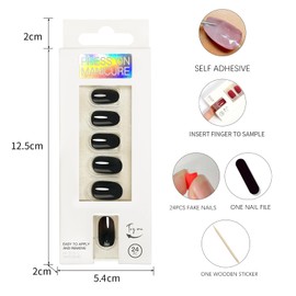 ONPRESS 24 Uñas Postizas Cuadradas Cortas Negras A Presión, Con Base Autoadhesiva, Uñas Postizas Sólidas, Sin Pegamento, Cobertura Total, Para Mujeres Incluye 24 Uñas, 1 Palito De Manicura Y 1 Lima Pe