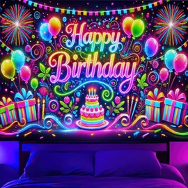 HOMETITUTE Neon Birthday Party Banner 71x43 Inch Glow in The Dark Party Photography Backdrops Neon Happy Birthday Party Decoration Banner for Kids Boys Girls Photo Backdrop Photo Prop UV Blacklight