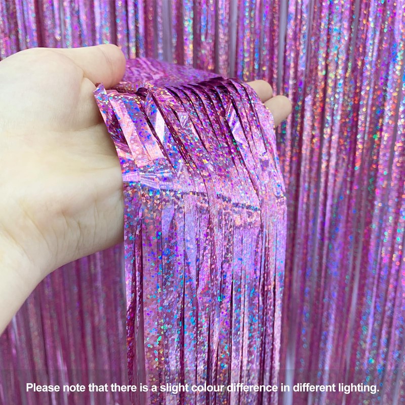 Pink Glitter Metallic Tinsel Foil Fringe Curtains Backdrop Streamers, 2Pcs