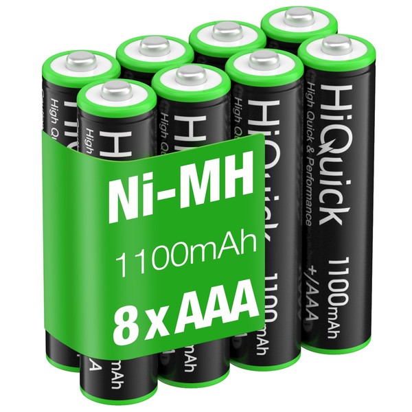 HiQuick AAA Rechargeable Batteries AAA Batteries 1100mAh High Capacity Performance 1.2V, Per-Charged Ni-MH AAA Battery Pack of 8 Batteries