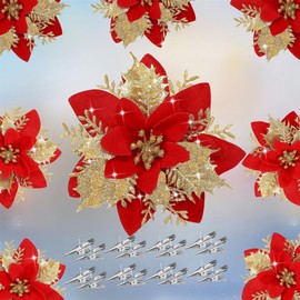 Christmas Tree Decorations，Poinsettias Glitter Artificial Christmas Flowers , 16Pcs 5.5" Gold Red Poinsettia Flowers for Christmas Tree，Artificial Flowers Christmas Ornaments Xmas Glitter Flower