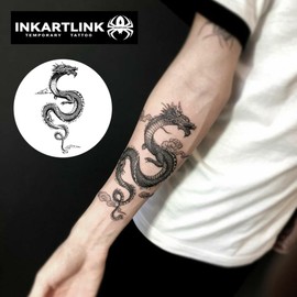 INKARTLINK Tattoo Tech, 2 Láminas de Tatuajes Temporales Semipermanentes Medianos, Diseño Artístico para Adultos, Duran de 1 A 2 Semanas, Resistentes Al Agua, Aspecto Realista, Sin Reflejo (Dragón)