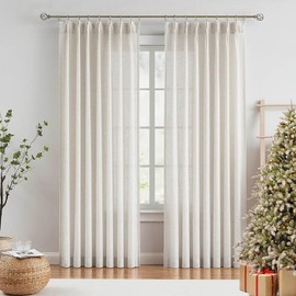 EXCLUSIVE HOME Belgian Textured Linen Look Sheer Pinch Pleat/Hidden Tab Top Curtain Panel Pair, 96" Length, Winter White