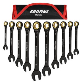 Egofine Ratcheting Wrench Set 10 Piece, Metric Wrench Set, CR-V Steel 6-19mm Wrench, 72-Teeth Combination wrench set, Black Electrophoretic Coating Ratchet Wrenches Set with Tool Roll Bag
