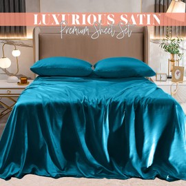 Elegant Comfort Luxurious 4-Piece Silky Satin Sheet Set, Skin and Hair Friendly, Wrinkle, Fade, Stain Resistant with Deep Pockets Fitted Sheet, Cooling Soft Satin Sheet Set, King, Turquoise