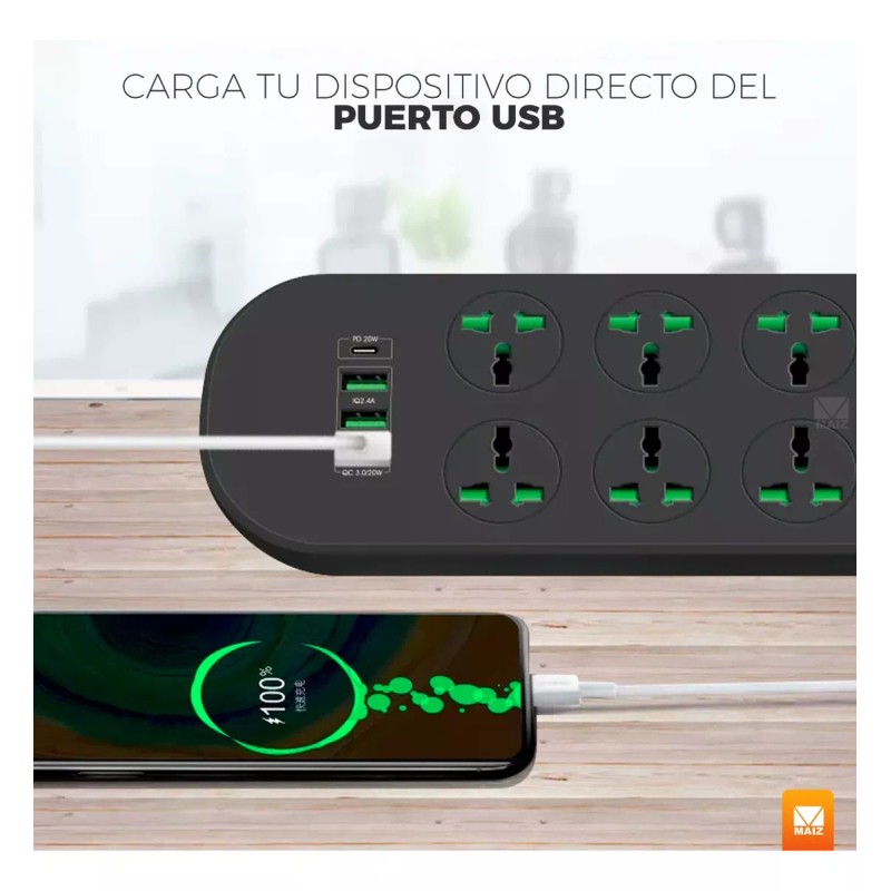 Maíz Multicontacto Cargador Barra Usb Supresor Picos Escritorio