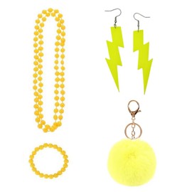 A-yeite 80s Neon Accessories for Women Neon Lightning Earrings Beaded Necklace Bracelet Ball Pom Pom Keychain 80s Costume Outfit Glow Party Jewelry Set-Yellow