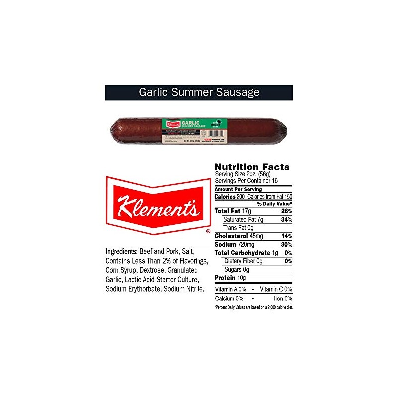 Klement's Garlic Summer Sausage, Hardwood Smoked 32 Oz (2 Pounds)