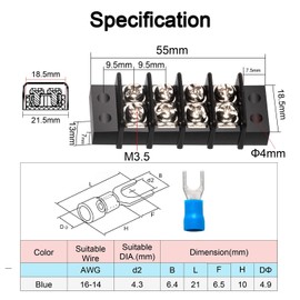 MILAPEAK Terminal Block - 2 Pack 4 Positions 200v-450v 20-30A Dual Row Screw Terminals Strip + 16 PCS Copper Wire Fork Connectors
