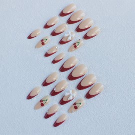 IMRAIN Press on Nails Medium Almond Fake Nails Red French Tips False Nails with Cherry & Bow Designs Stiletto Glue on Nails Full Cover Acrylic Artificial Nails for Women Girls 24Pcs
