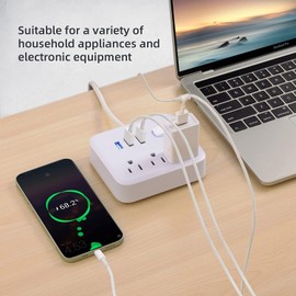 6FT Power Strip Surge Protector USB Ports, Power Bar Outlets Ports Desktop Charging Station, Flat Plug, Wall Mount, Extension Cord, with Night Light Station for Cruise Ship, Home, Office, White