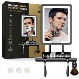 Shower Mirror Fogless for Shaving with Light - Heated Anti Fog Bathroom Mirror Razor Holder Recharegable 5000mAh Battery 3 Colors Dimmable Stepless Adhesive Wall Mount Shower Accessories Gift for Men