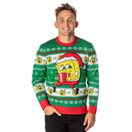 Spongebob Squarepants Men's Santa Spongebob and Ornaments Ugly Sweater Knit Pullover (Large) Green