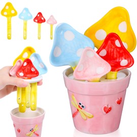 Mushroom Measuring Spoons Set in Pot - Ceramic Baking Measuring Spoons with Holder for Dry & Wet Ingredients - Cute Mushroom Figurine - 1 Tbsp, 1 Tsp, 1/2 Tsp, 1/4 Tsp - Unique Gift, Dishwasher Safe