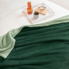 MONDAY MOOSE Cozy Fleece Throw Blanket with Pom Pom Fringe, Super Soft Lightweight Blanket, Double-Sided Designs, for Couch Bed Sofa Home Decor (50x60 inch, Dark Green/Sage)