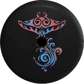 Funny Spare Tire Wheel Cover for Camper SUV Trailer Truck RV JP Thick PVC Leather | Island Tribal Stingray Black 32 Inch with Backup Camera Hole