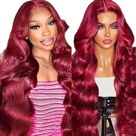 Lakaisa Human Hair Body Wave Human Hair Wig 4 x 1 Lace #99J Burgundy Glueless Wear and Go Wig Women's Real Hair Pre Bleached Knots Pre Plucked with Baby Hair for Woman 34 Inches