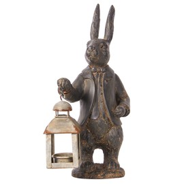 NIKKY HOME Easter Bunny Decorations, Vintage Resin Bunny Figurine with Lantern, Metal Rabbit Tealight Candle Lantern Holder Rabbit Outdoor Statues Gift for Garden Home