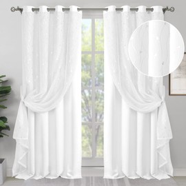 BGment White Room Darkening Curtains for Bedroom with Sheer Overlay, Double Layer Silver Printed Grommet Thermal Insulated Window Tulle Curtains for Living Room, 2 Panels Each 52 x 84 Inch, Pure White
