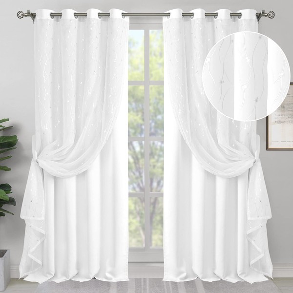BGment White Room Darkening Curtains for Bedroom with Sheer Overlay,