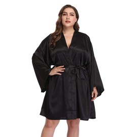 Women's Plus Size Satin Robes Short Silky Bathrobes Bridesmaid Party Dressing Gown,Black,2X