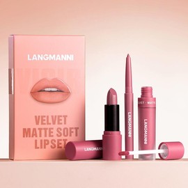 Langmanni Velvet Matte Soft Lipset - Waterproof Lipstick, Lip Liner & Lip Gloss - 3 Count Set for Easy Coloring Lip Care bsl lips - Color: 01