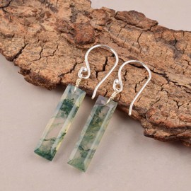 Natural Moss Agate Crystals Earrings, rectangle shape Gemstone, Energy Healing Crystals, Birthday, Gift for Her, Gemstone Jewelry AAA+ Quality (moss agate B)