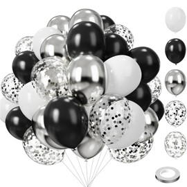 Party Balloons Decorations for Birthday, Christmas, New Years, Wedding, Graduation Decorations Black and Gold Balloons 12in and 5in Latex Party Xmas decora bulk (Black White and Silver(75pcs))