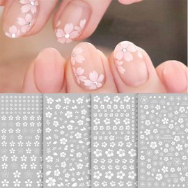 DUOLEIMI Nail Stickers, Cherry Blossoms, Flower Nail Stickers, Sheer, White, Nail Design, Nail Art, Stickers, Flower, Gel Nails, Cute, Spring and Summer, Nail Decoration Parts, Accessories (Set of 4)