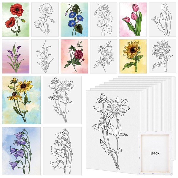 8 Pack 8x10 Inches Flowers Theme Pre Drawn Canvas to