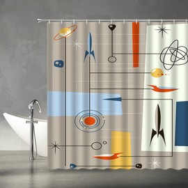 Mid Century Shower Curtain Vintage Iconic Atomic Starbursts Modern Retro Space Abstract Geometric Gray Fabric Bathroom Decor Set with Hooks(70" WX70 H)