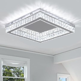 Finktonglan Square Crystal LED Flush Mount Ceiling Light, 17.7" Modern Crystal Flush Mount Chandelier, 48W 6000K Cool White, K9 Crystal & Stainless Steel, Low Profile, Non-Dimmable, No Remote