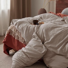 Bedsure Linen Duvet Cover Queen Size - Linen Cotton Blend Bedding Set, Soft & Cozy, 3 Pieces, 1 Duvet Cover 90x90 Inches and 2 Pillowcases, Taupe Color Cooling Bedding, Comforter Sold Separately