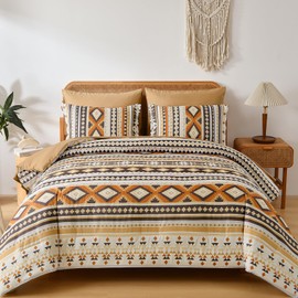 Dinjoy Boho King Size Bed in A Bag 7 Pieces,Yellow Brown Comforter Set Aztec Striped Bedding Set Summer Patchwork Complete Set Geometric Pattern Comforters for Women 90"×104"