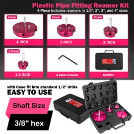 4-Piece Plastic Pipe Reamer Tool Kit for PVC, CPVC, and ABS Fittings, Includes 1.5", 2", 3", 4" Reamers, Compatible with Standard 1/2" Drills, 3/8" Hex Shaft, for Exhaust, Drain, Water Pipes Cleaning