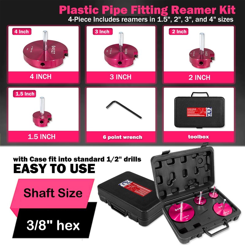 4-Piece Plastic Pipe Reamer Tool Kit for PVC, CPVC, and