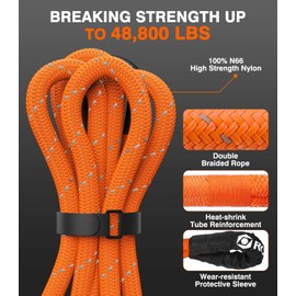Roylvan 1" x 30ft Kinetic Recovery Tow Rope, 48800 LBS Nylon Tow Strap with 2 Soft Shackles 1/2" x 22", 30% Elasticity Heavy Duty Offroad Towing Straps Kit for Tractor, UTV, Trucks, SUV, ATV, Orange