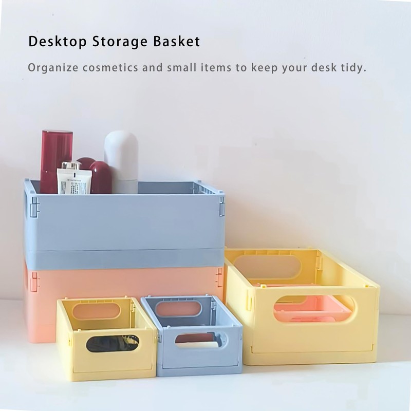 Plastic Storage Crate Folding Desk Organizer Basket Set of 4,