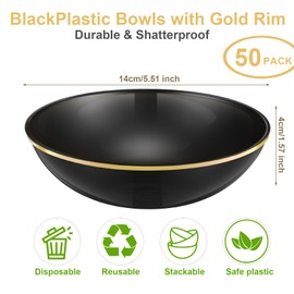 Newtay 50 Pcs Plastic Bowls Bulk 14oz Disposable Bowls with Gold Rim Plastic Party Tableware for Chips Salad Dessert Ice Cream Serving Plates Birthday Wedding Catering (Black)