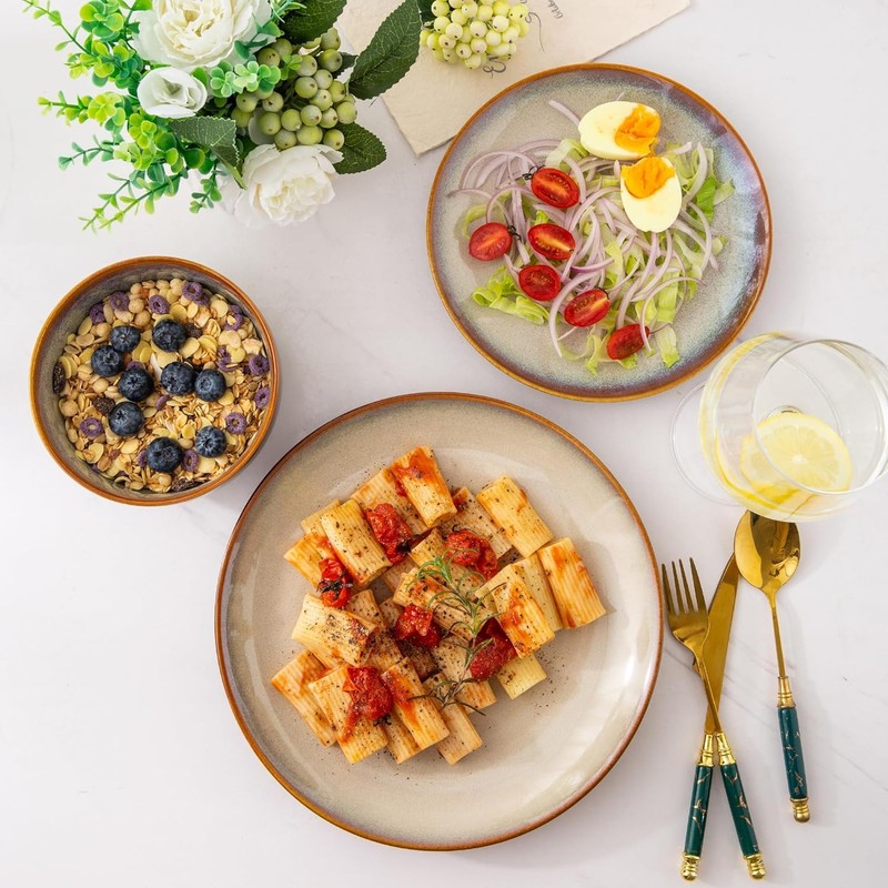 LeRatio Ceramic Dinnerware Sets for 6,18-Piece Plates and Bowls,Handmade Reactive