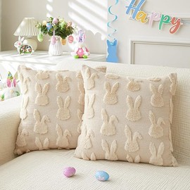 Easter Throw Pillow Covers 18x18 inch Set of 2 for Easter Decorations Beige Bunny Rabbit Soft Plush Faux Fur Wool Pillow Covers for Sofa Living Room Couch Bed