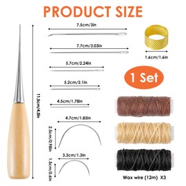 12PCS Leather Sewing Needle 12m Waxed Thread Kit,Leather Repair Kit Curved Needle Cord Drilling Awl and Thimble for Carpet Furs Canvas Repair,Fabric Sewing DIY Crafts and Embroidery Supplies