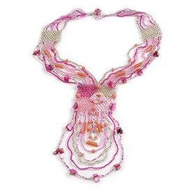Avalaya Pink/Transparent Glass Bead Sea Shell Tassel Necklace with Button and Loop Closure/44cm L (N)/ 17cm L (Tassel)